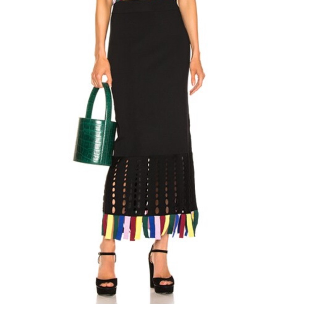 STAUD Black Midi Skirt with Multicolor Fringe Hem